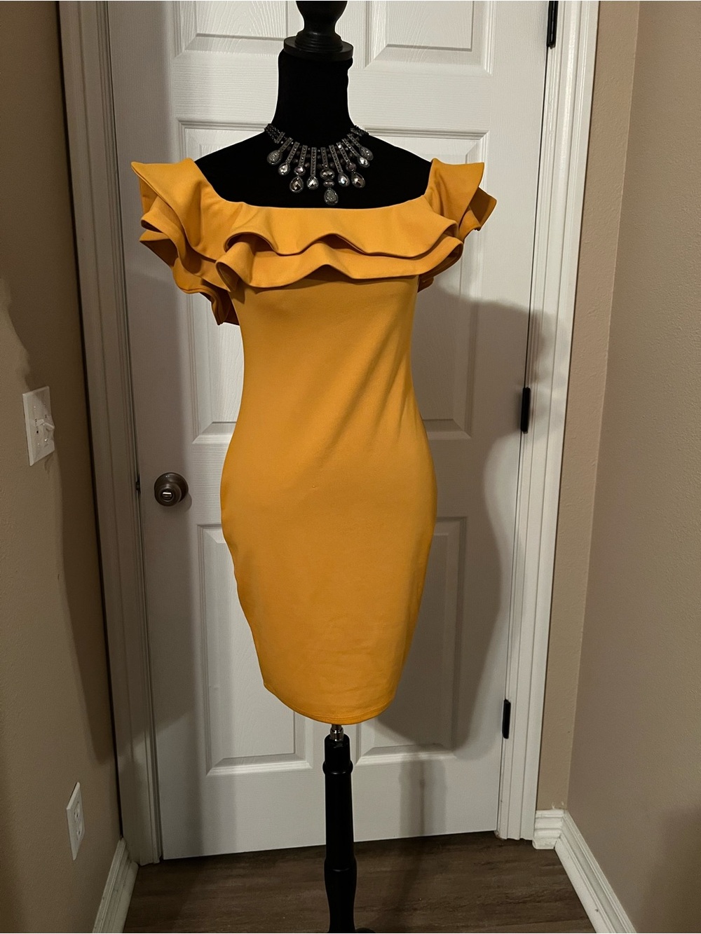 Mind Code Mustard Off-Shoulder Ruffle Bodycon Dress